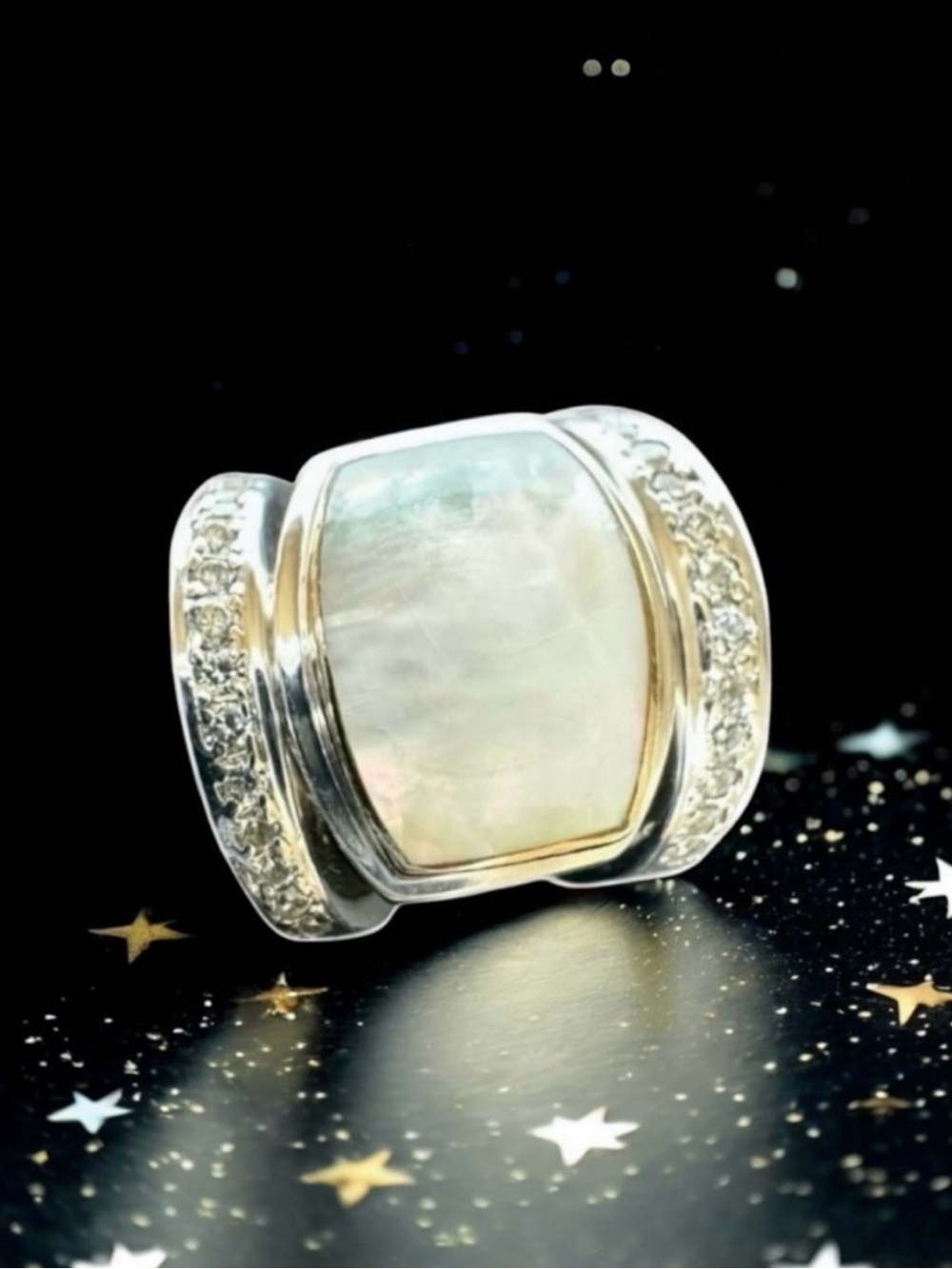 💗Dawkins Milky Quartz Gold Inlay Diamonds, Sterling Silver Statement Ring • 6 US